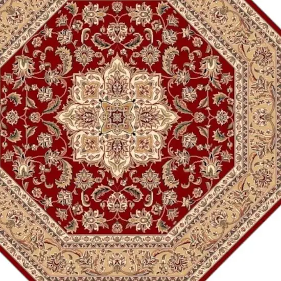 8' Red And Beige Floral Medallion Octagon Rug Photo 7