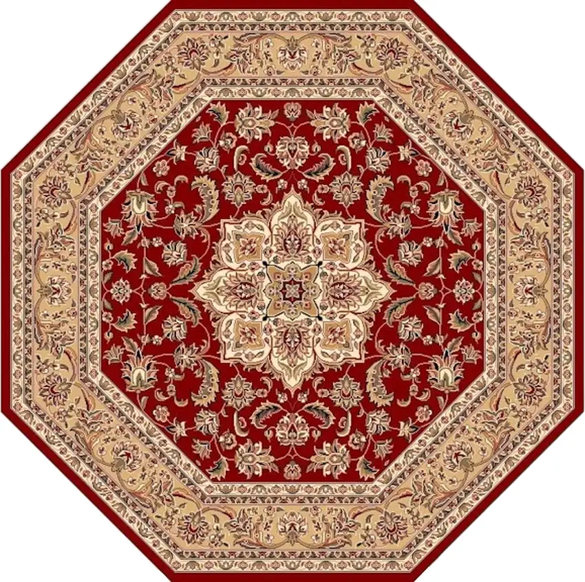 Red And Beige Octagon Medallion Area Rug Photo 2