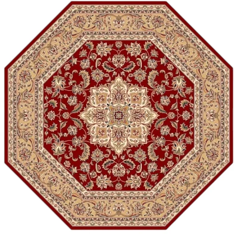Red Beige Machine Woven Traditional Medallion Octagon Indoor Area Rug Photo 3