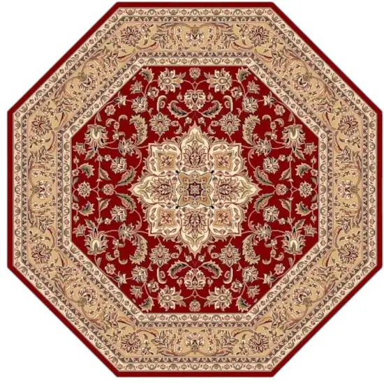 8' Red And Beige Floral Medallion Octagon Rug Photo 2