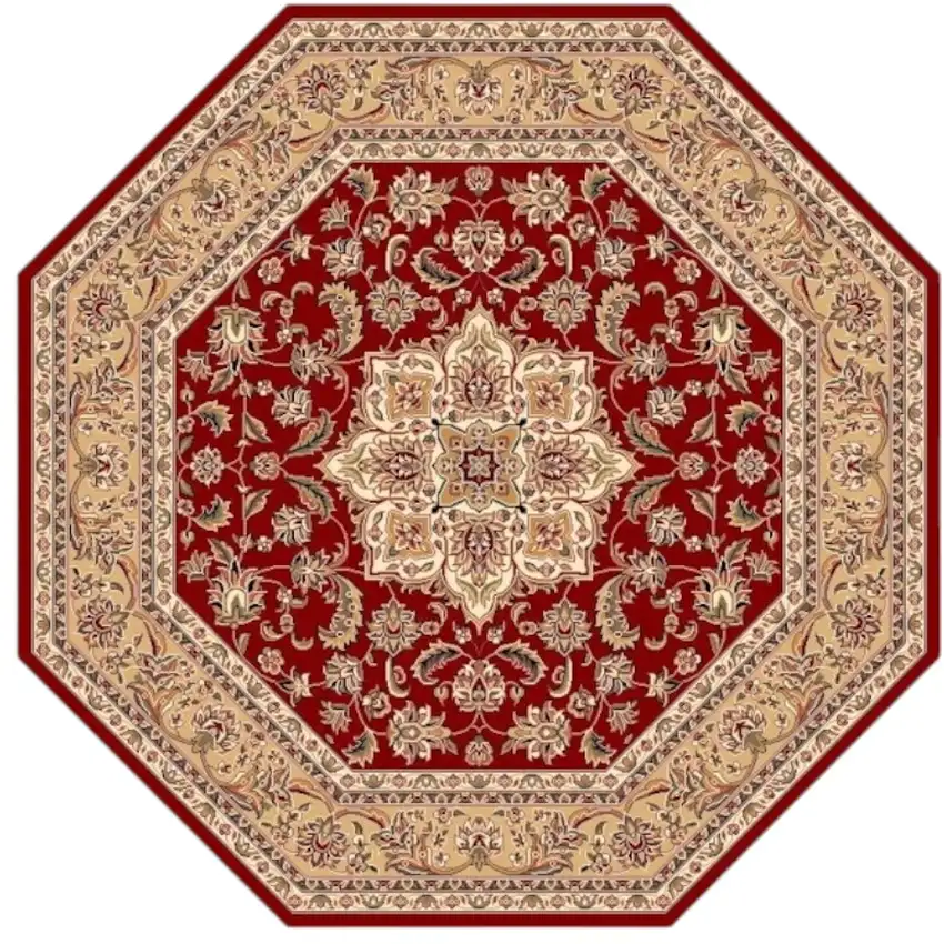 8' Red And Beige Floral Medallion Octagon Rug Photo 2