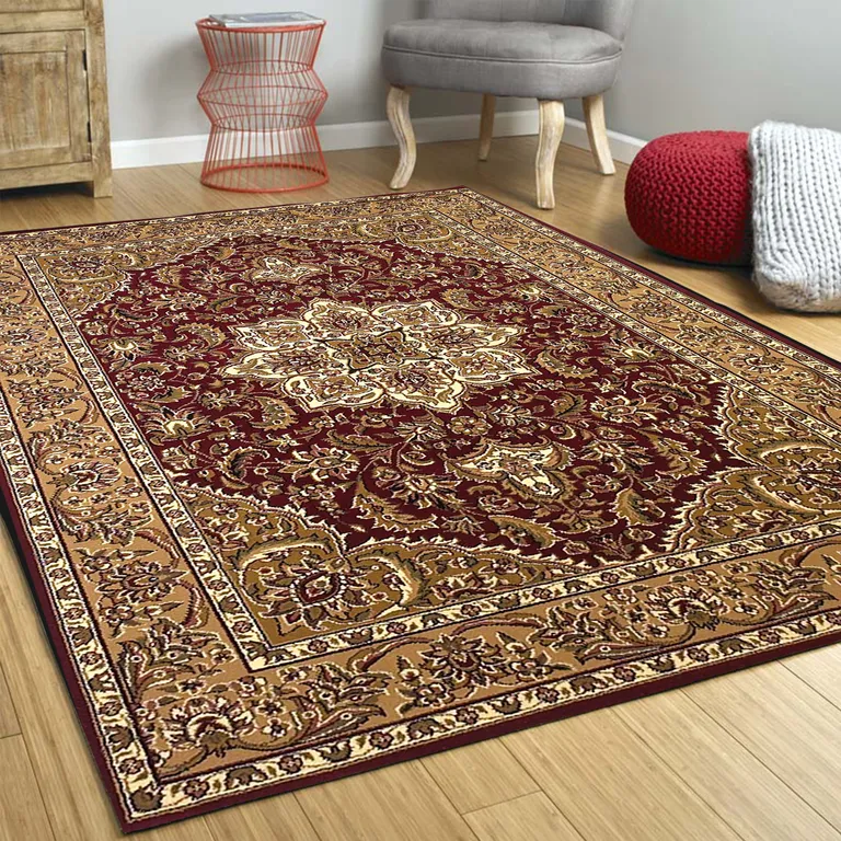 Red Beige Machine Woven Traditional Medallion Octagon Indoor Area Rug Photo 3