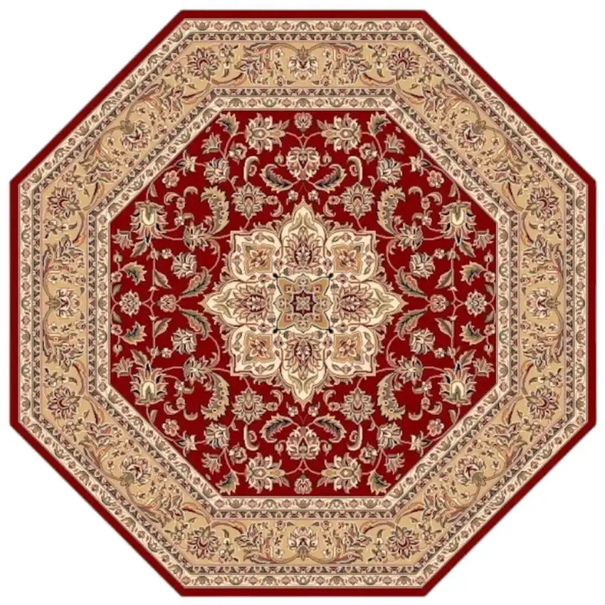 8' Red And Beige Floral Medallion Octagon Rug Photo 4
