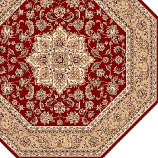 8' Red And Beige Floral Medallion Octagon Rug Photo 6