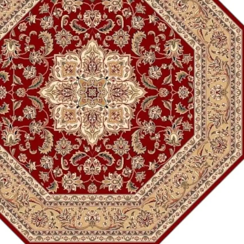 8' Red And Beige Floral Medallion Octagon Rug Photo 6