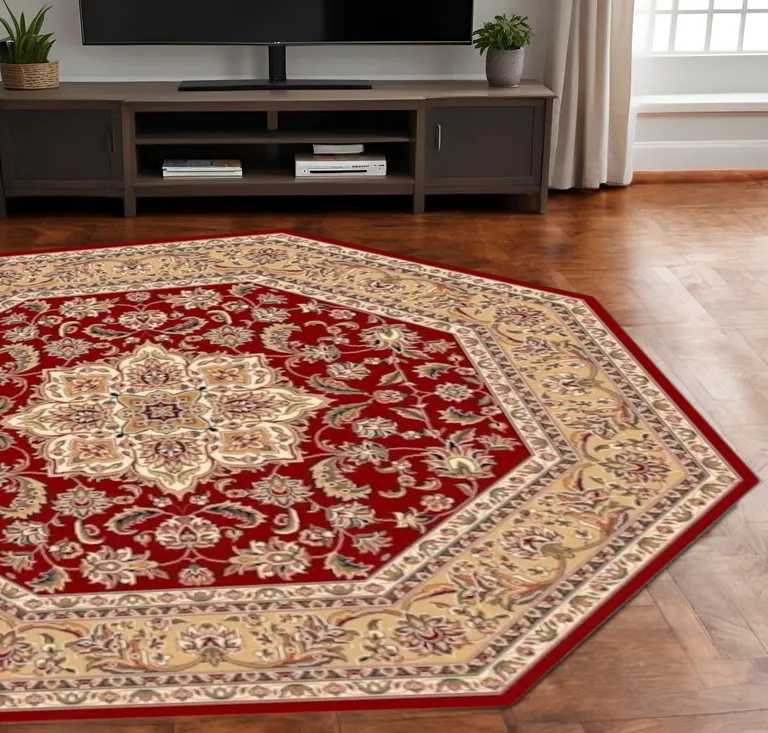 Red Beige Machine Woven Traditional Medallion Octagon Indoor Area Rug Photo 2