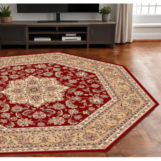 8' Red And Beige Floral Medallion Octagon Rug Photo 1