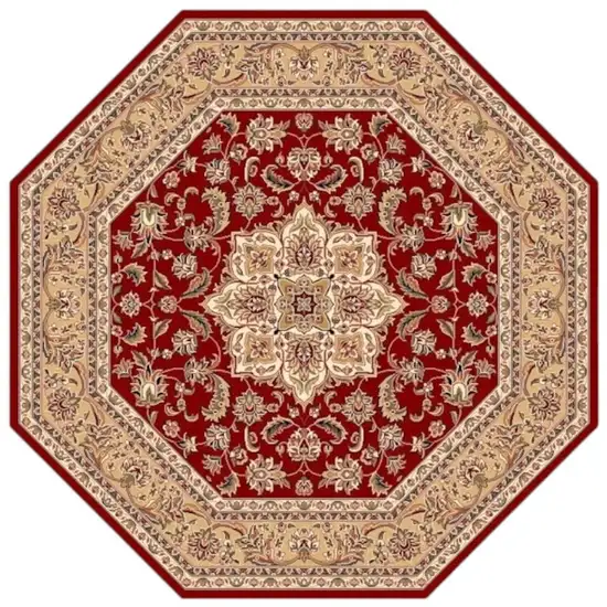 8' Red And Beige Floral Medallion Octagon Rug Photo 5