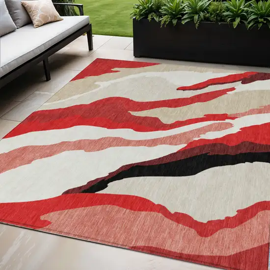 Red Black And Beige Abstract Washable Indoor Outdoor Area Rug Photo 1