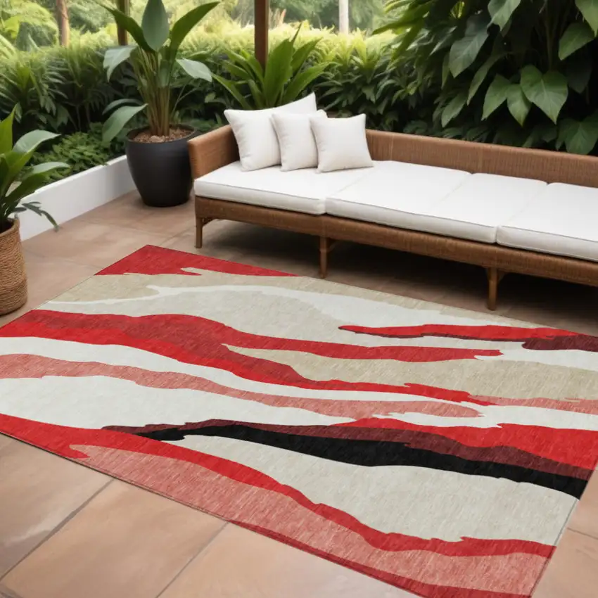 Red Black And Beige Abstract Washable Indoor Outdoor Area Rug Photo 1