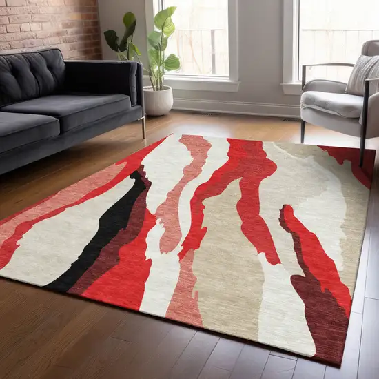 Red Black And Beige Abstract Washable Indoor Outdoor Area Rug Photo 9
