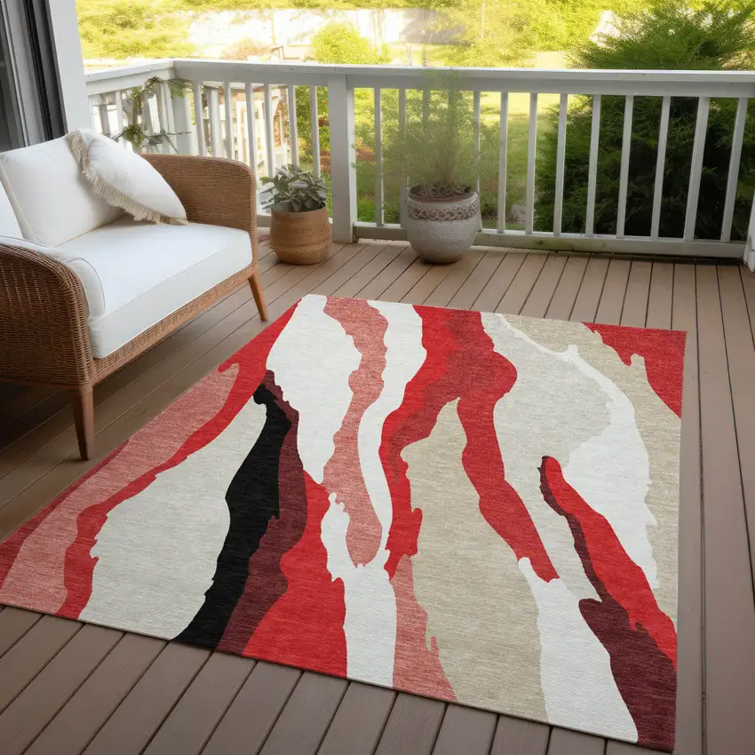 Red Black And Beige Abstract Washable Indoor Outdoor Area Rug Photo 8