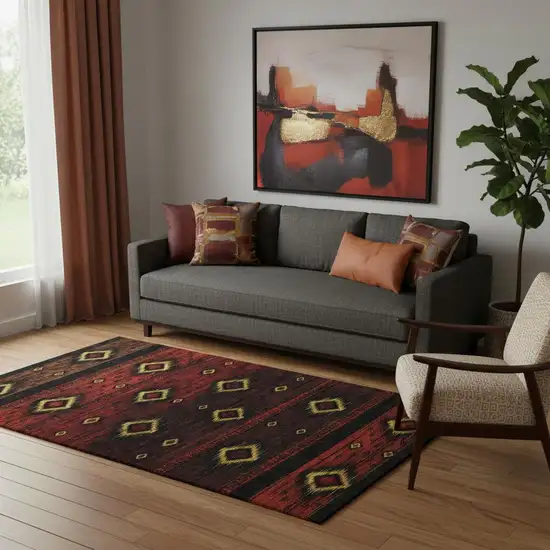 Red Black And Gold Tribal Washable Area Rug With UV Protection Photo 2