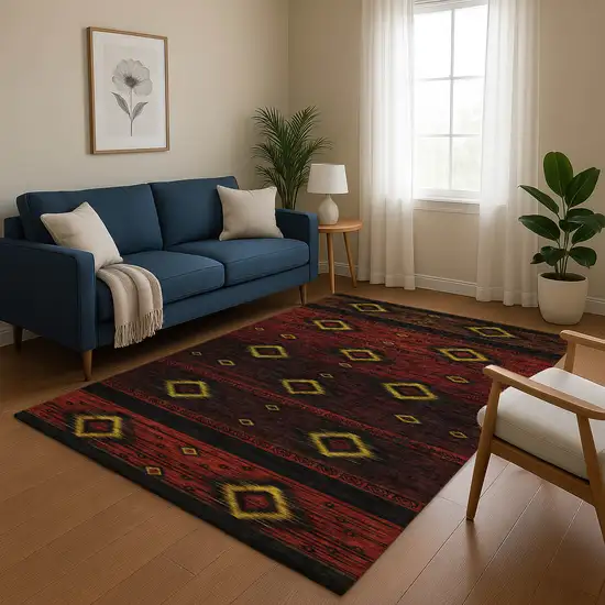 Red Black And Gold Tribal Washable Area Rug With UV Protection Photo 5