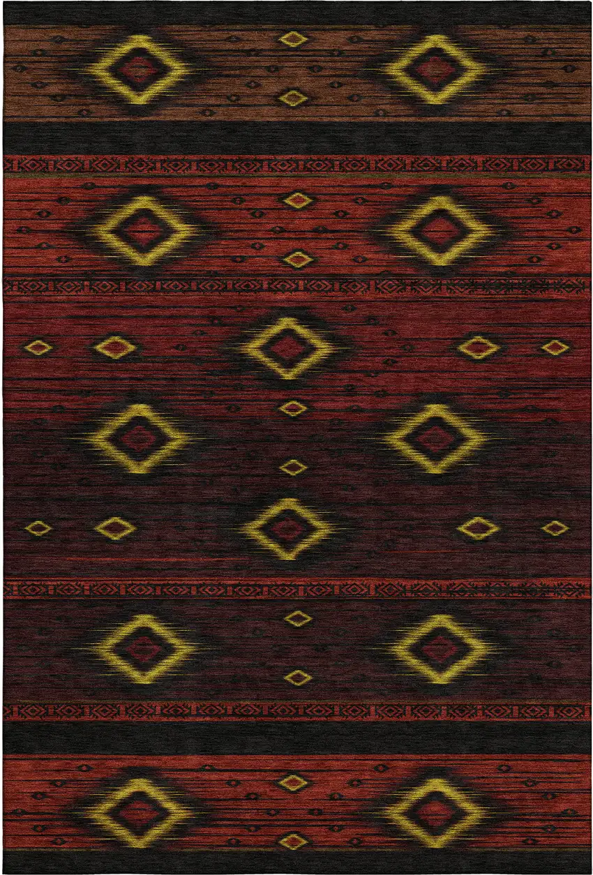 Red Black And Gold Tribal Washable Area Rug With UV Protection Photo 1