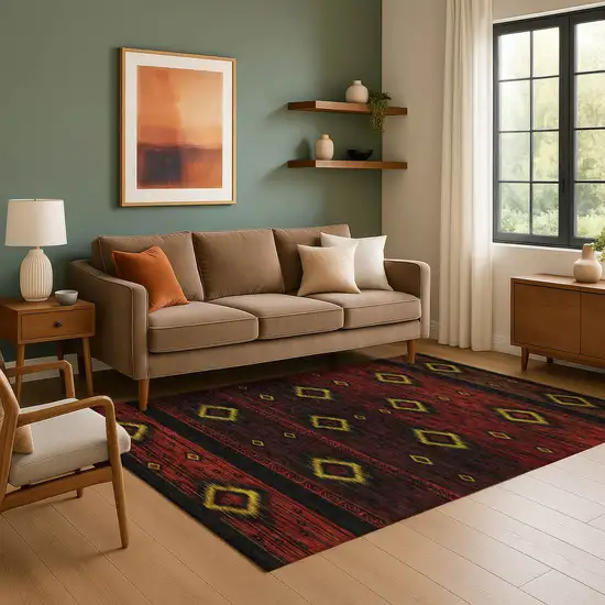 Red Black And Gold Tribal Washable Area Rug With UV Protection Photo 6