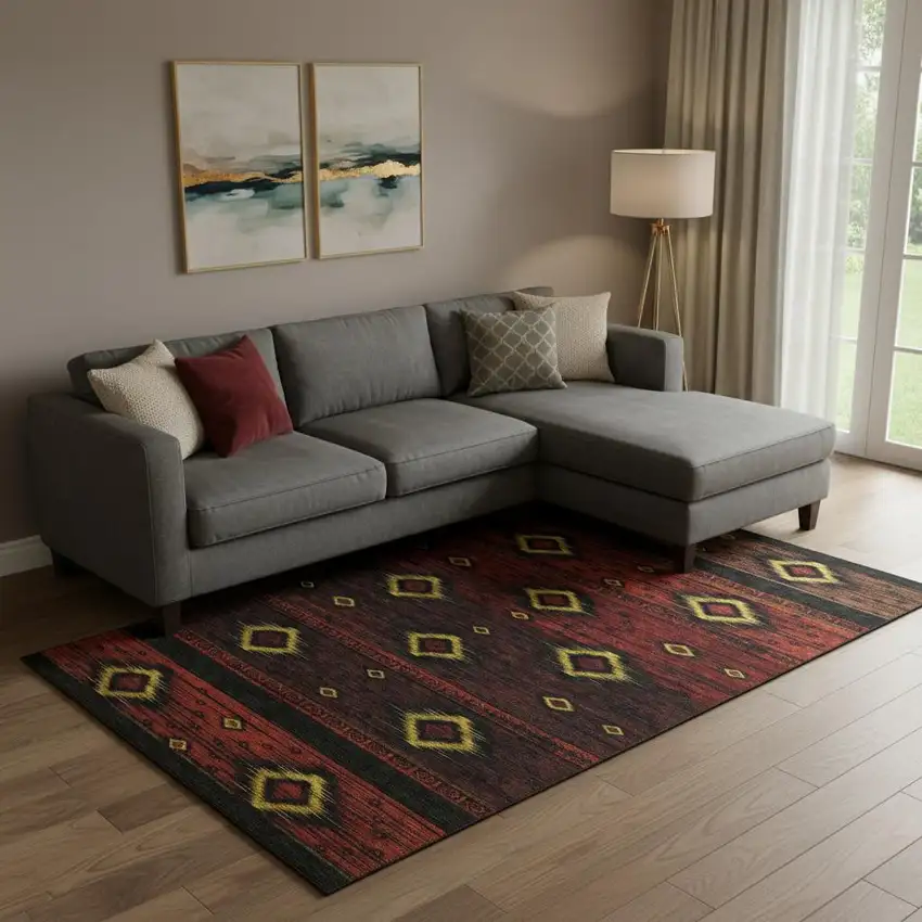 Red Black And Gold Tribal Washable Area Rug With UV Protection Photo 2