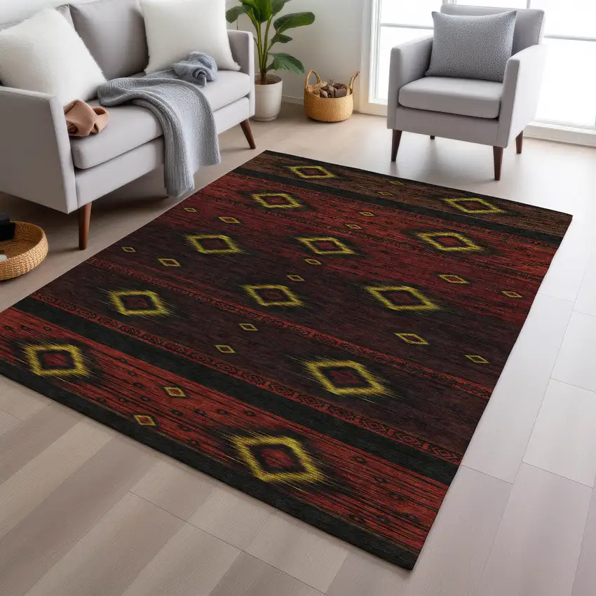 Red Black And Gold Tribal Washable Indoor Outdoor Area Rug Photo 7