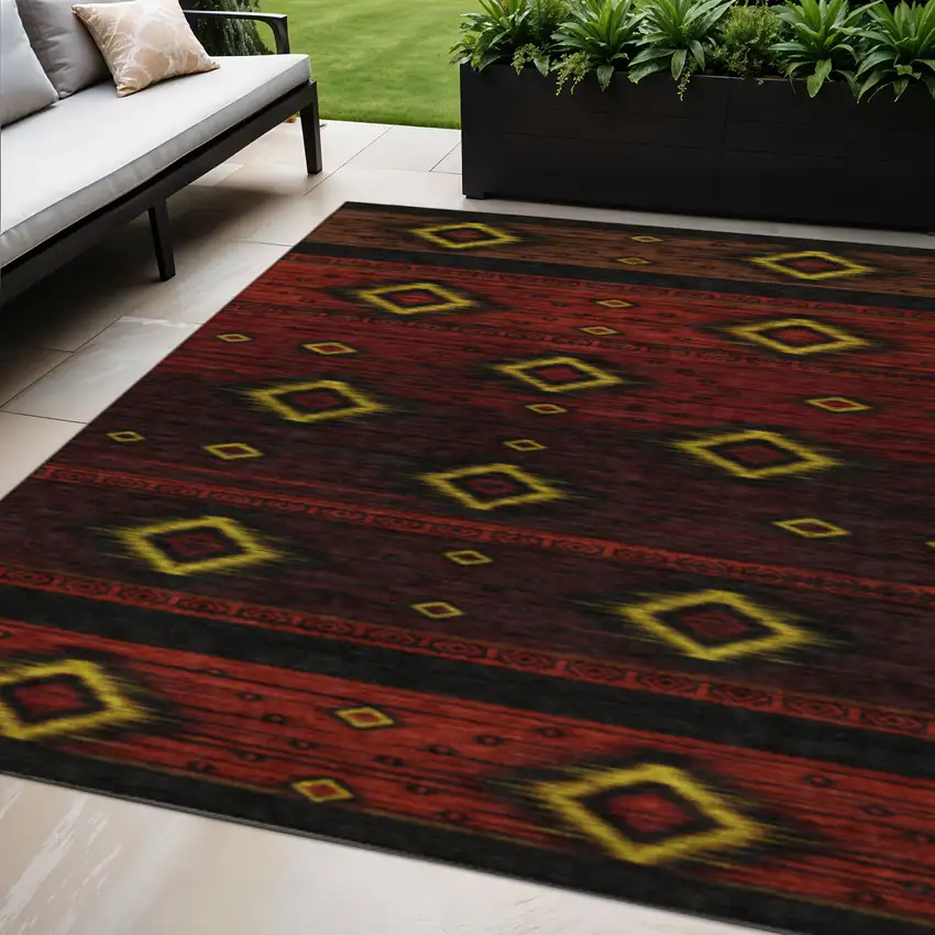 Red Black And Gold Tribal Washable Indoor Outdoor Area Rug Photo 2