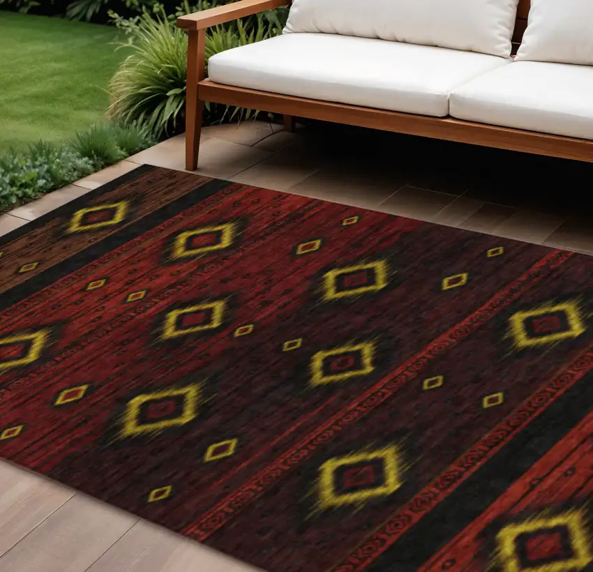 Red Black And Gold Tribal Washable Indoor Outdoor Area Rug Photo 2