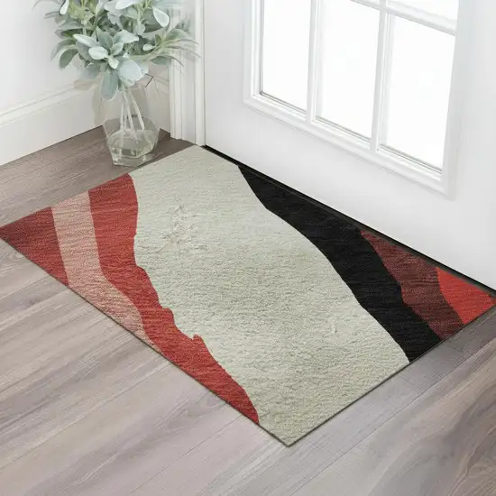 Red Black And Ivory Abstract Washable Area Rug With UV Protection Photo 2