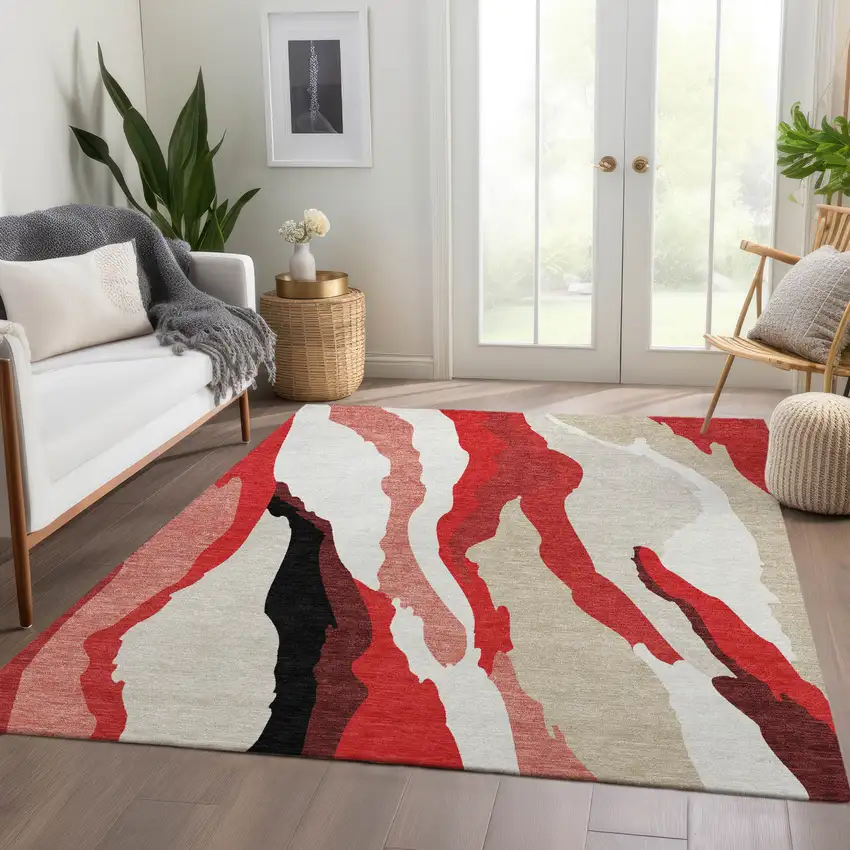Red Black And Ivory Abstract Washable Area Rug With UV Protection Photo 3