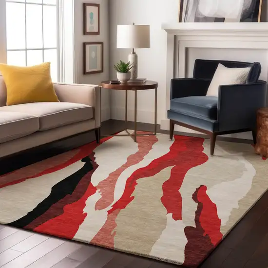 Red Black And Ivory Abstract Washable Area Rug With UV Protection Photo 3