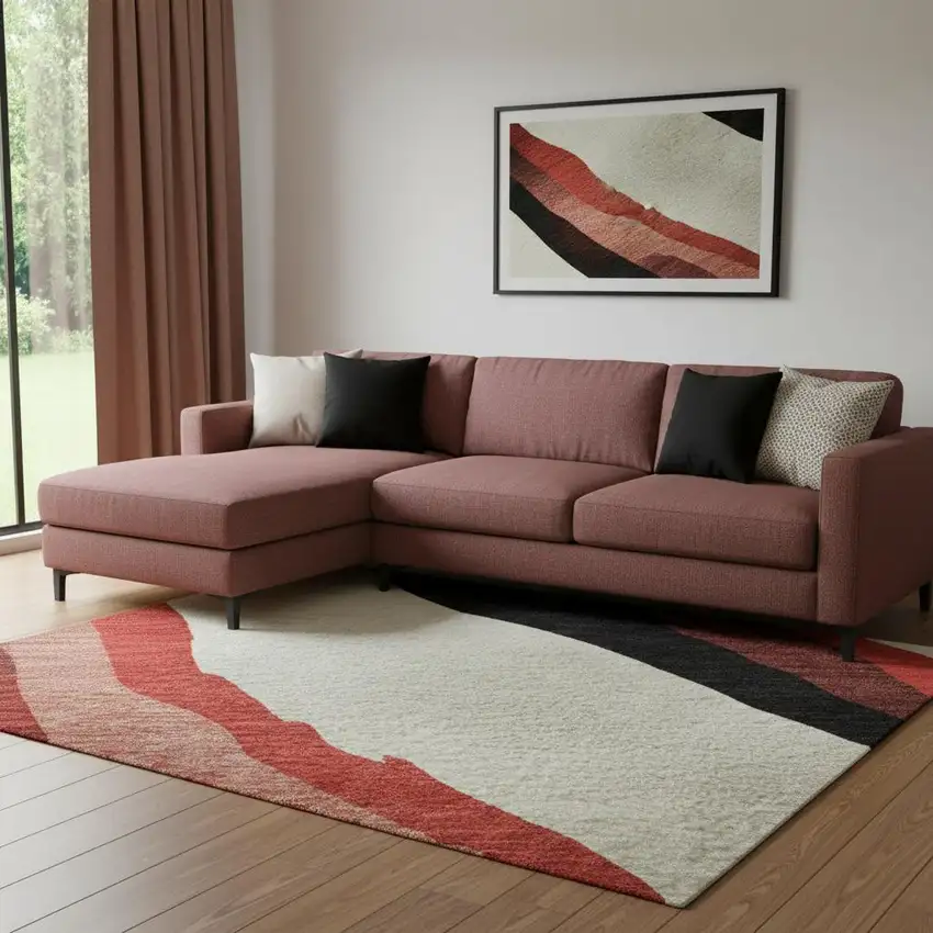 Red Black And Ivory Abstract Washable Area Rug With UV Protection Photo 2