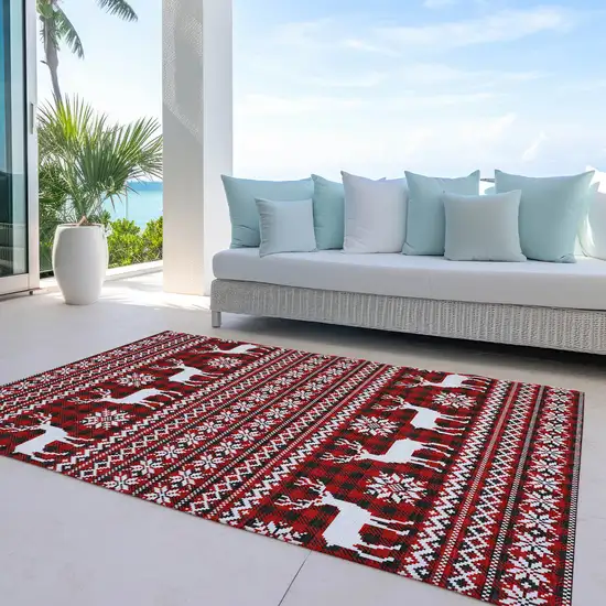Red Black And Ivory Deer Washable Indoor Outdoor Area Rug Photo 5