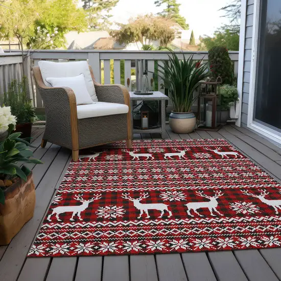 Red Black And Ivory Deer Washable Indoor Outdoor Area Rug Photo 8