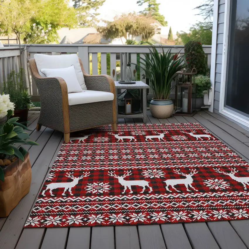 Red Black And Ivory Deer Washable Indoor Outdoor Area Rug Photo 8