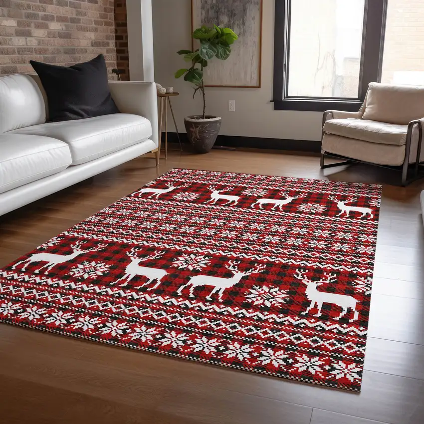 Red Black And Ivory Deer Washable Indoor Outdoor Area Rug Photo 6