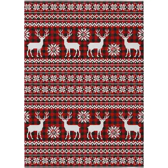 Red Black And Ivory Deer Washable Indoor Outdoor Area Rug Photo 2