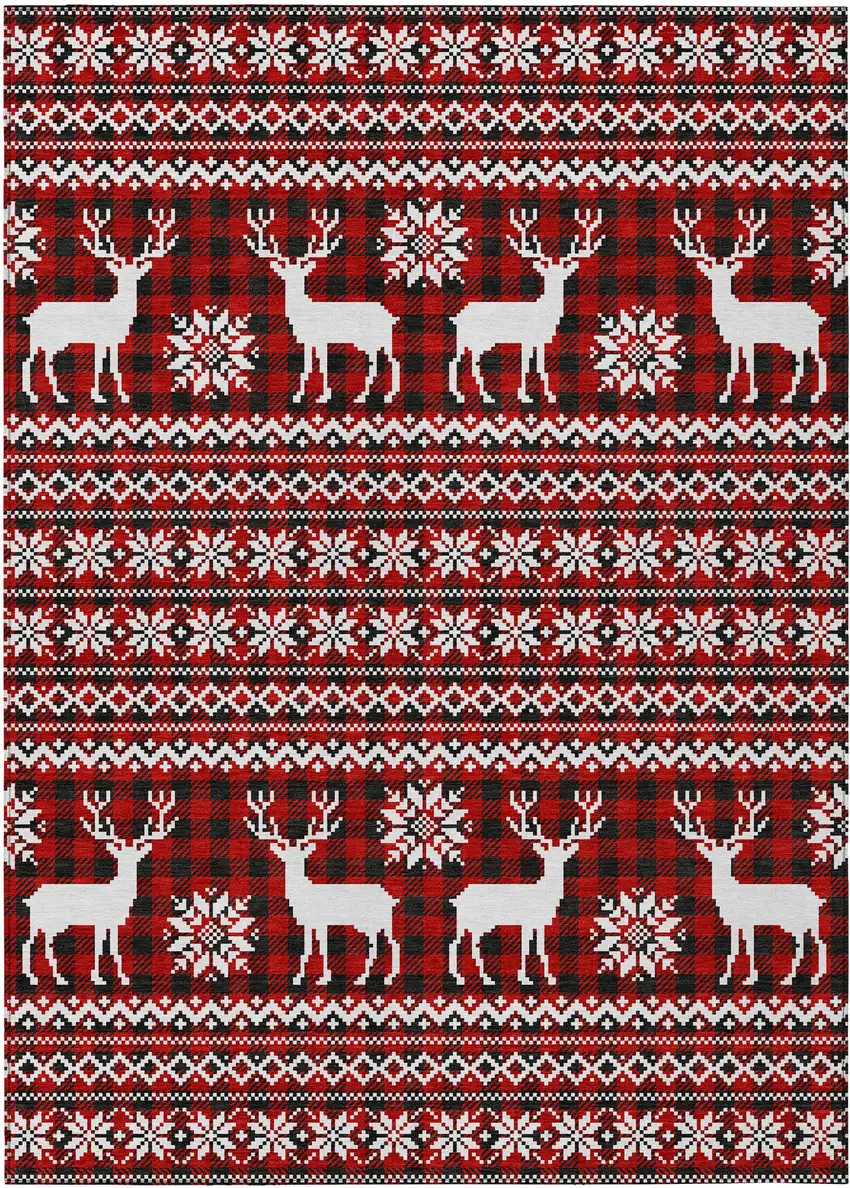 Red Black And Ivory Deer Washable Indoor Outdoor Area Rug Photo 2