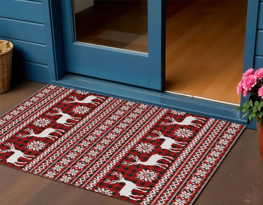 Red Black And Ivory Deer Washable Indoor Outdoor Area Rug Photo 1