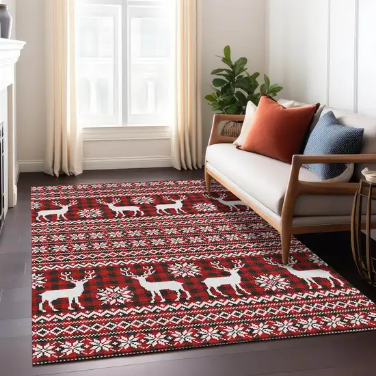 Red Black And Ivory Deer Washable Indoor Outdoor Area Rug Photo 7
