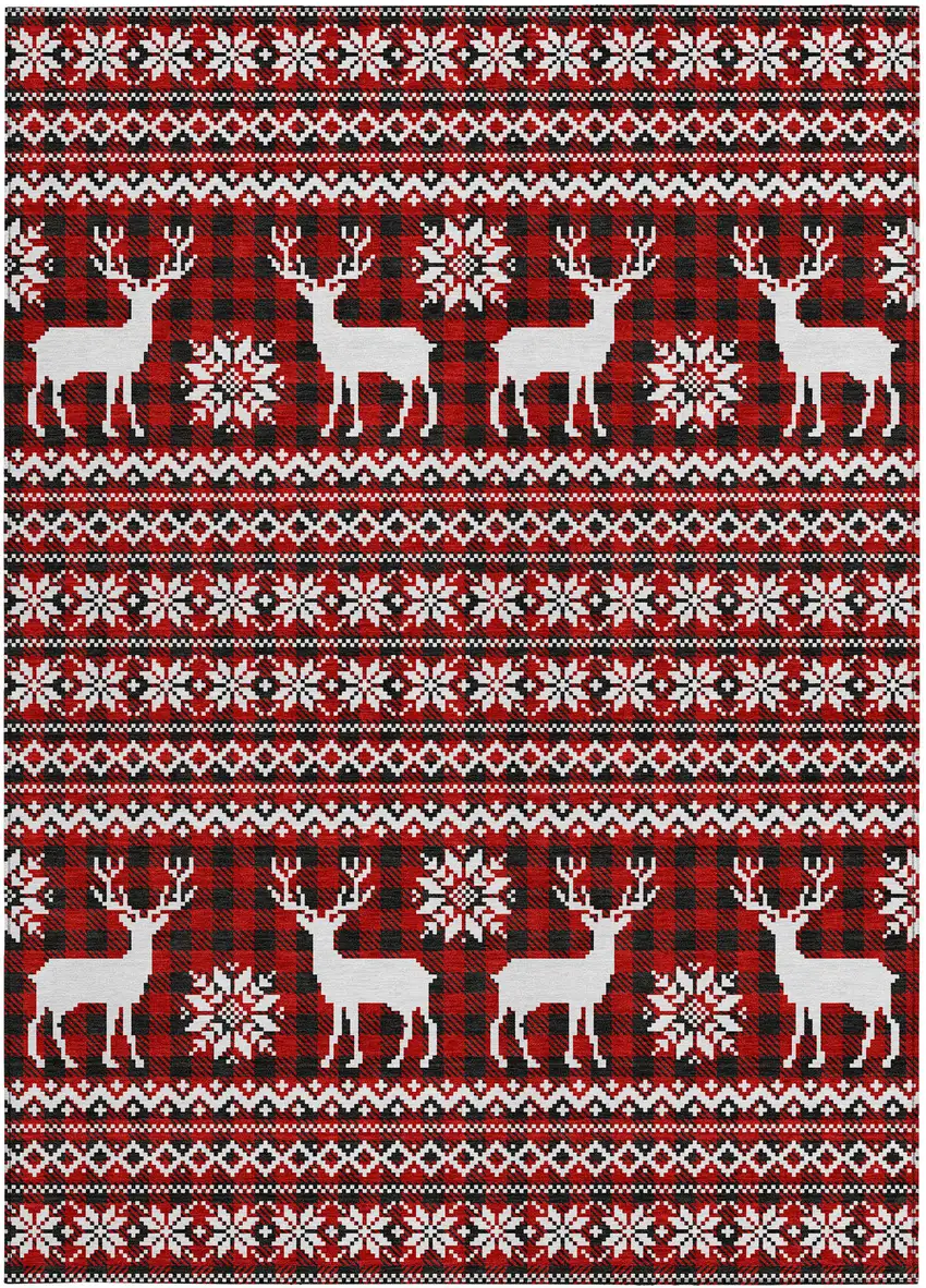 Red Black And Ivory Deer Washable Indoor Outdoor Area Rug Photo 4
