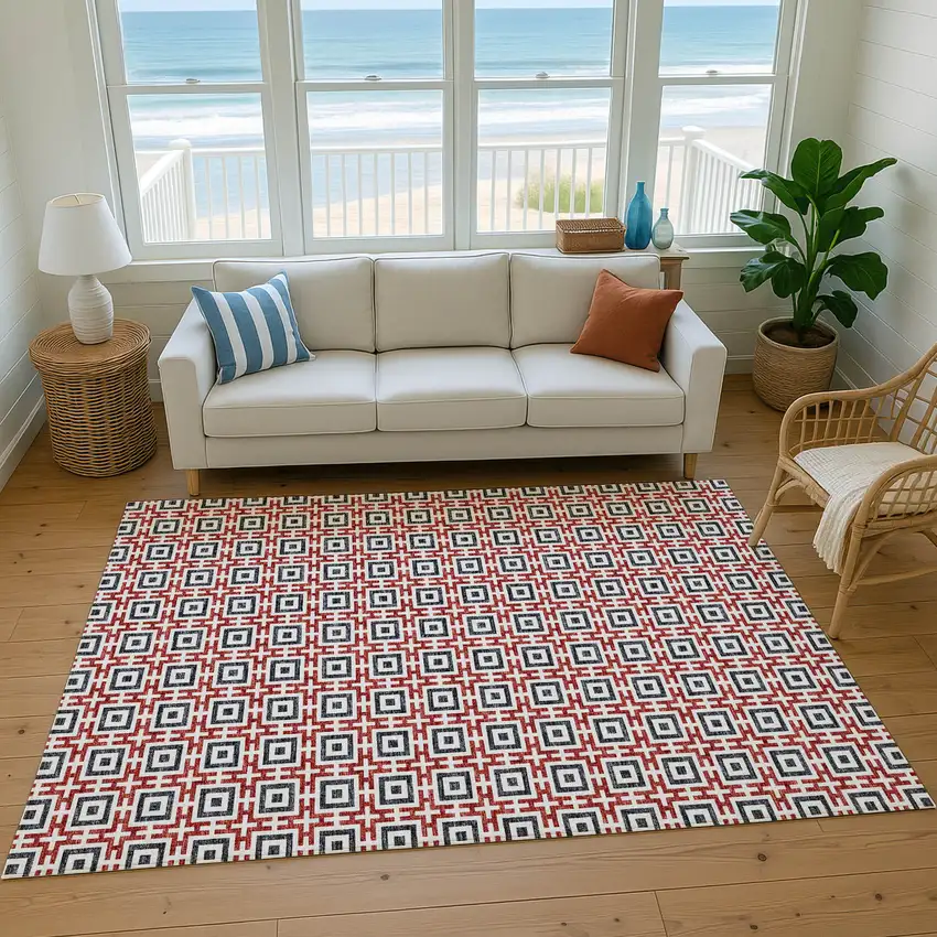 Red Black And Ivory Geometric Washable Area Rug With UV Protection Photo 5