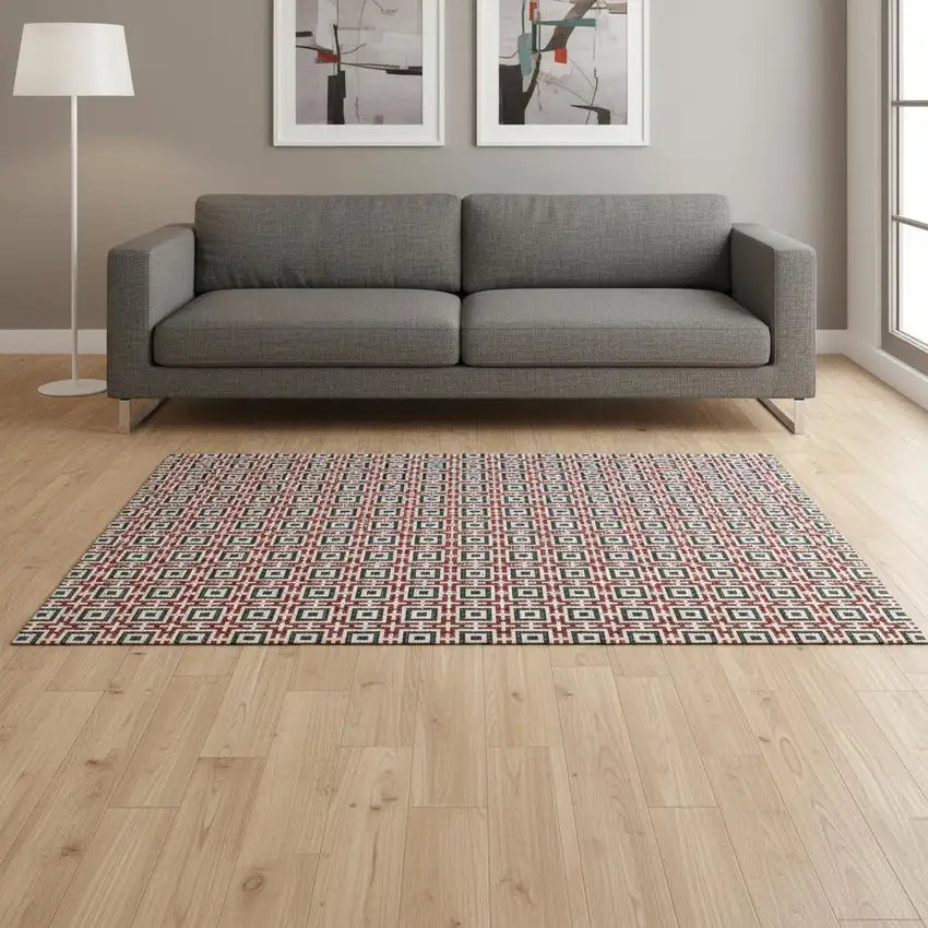 Red Black And Ivory Geometric Washable Area Rug With UV Protection Photo 1