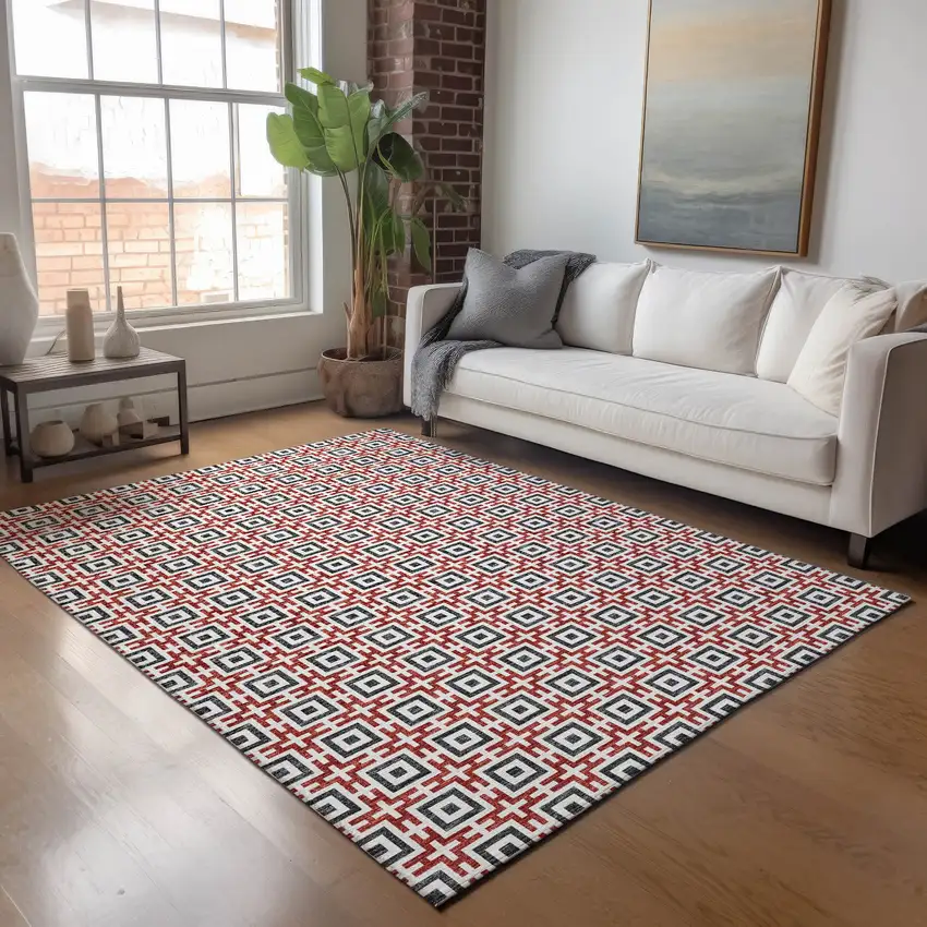 Red Black And Ivory Geometric Washable Area Rug With UV Protection Photo 4