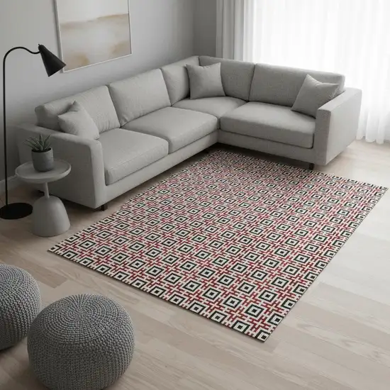 Red Black And Ivory Geometric Washable Area Rug With UV Protection Photo 1
