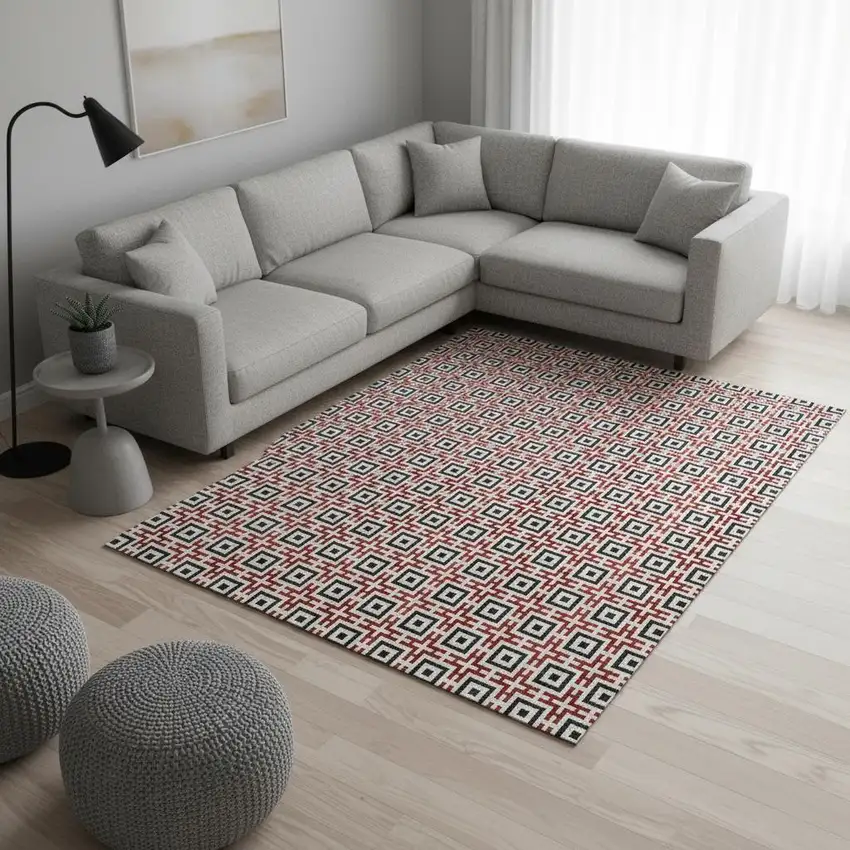 Red Black And Ivory Geometric Washable Area Rug With UV Protection Photo 1