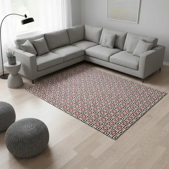 Red Black And Ivory Geometric Washable Area Rug With UV Protection Photo 1