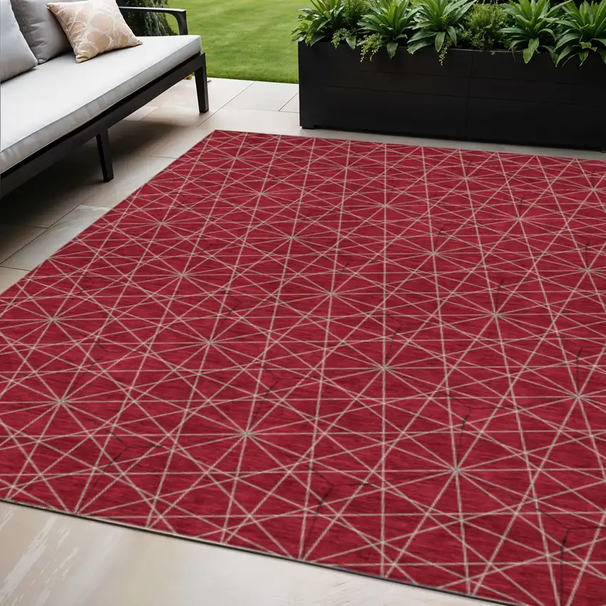 Red Black And Ivory Geometric Washable Indoor Outdoor Area Rug Photo 1