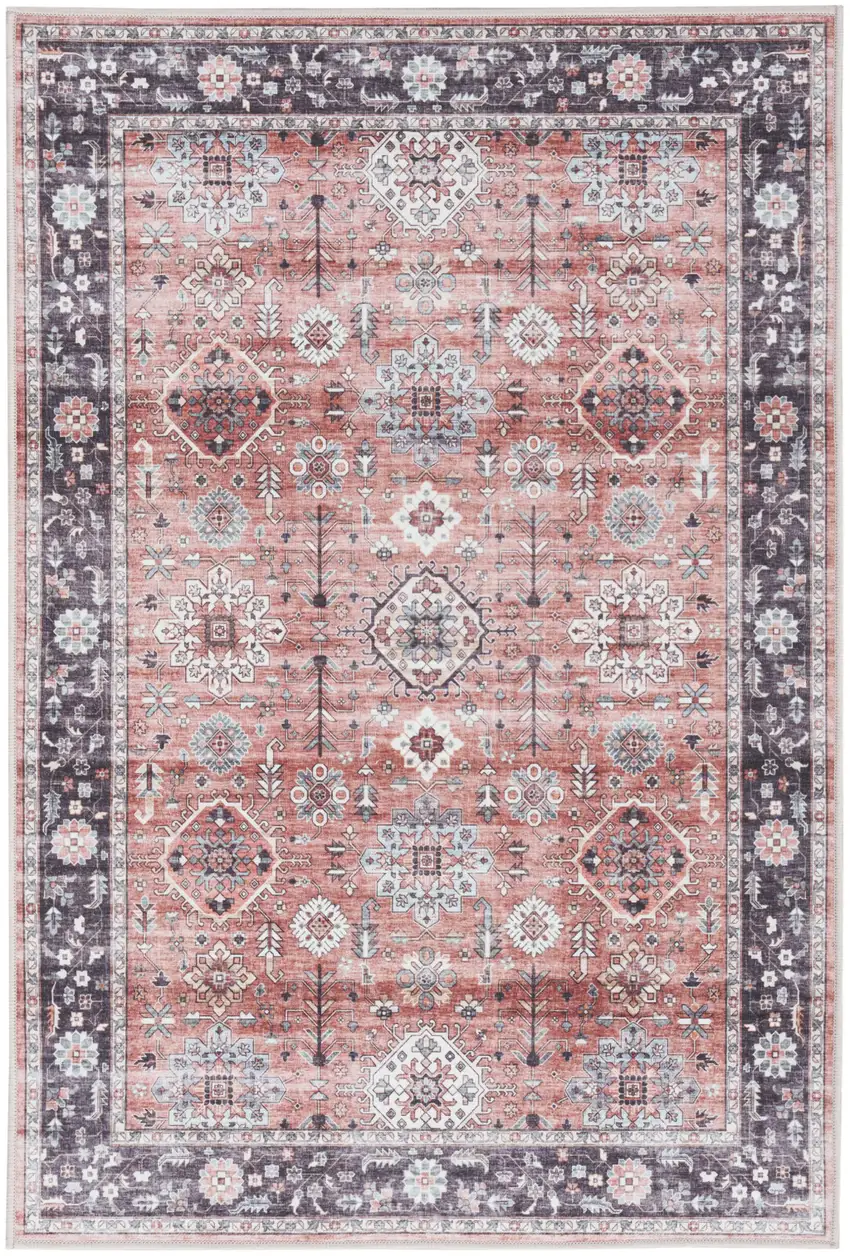 Red Black And Ivory Oriental Distressed Area Rug Photo 4