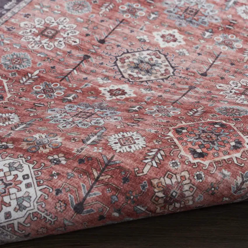 Red Black And Ivory Oriental Distressed Area Rug Photo 8