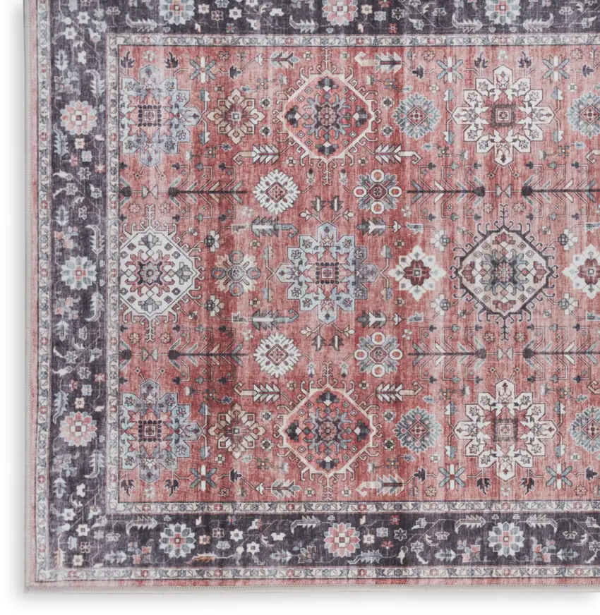 Red Black And Ivory Oriental Distressed Area Rug Photo 2