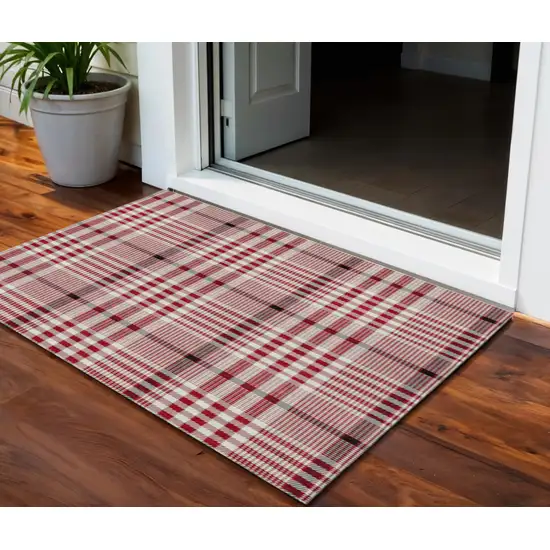 Red Black And Ivory Plaid Washable Indoor Outdoor Area Rug Photo 1