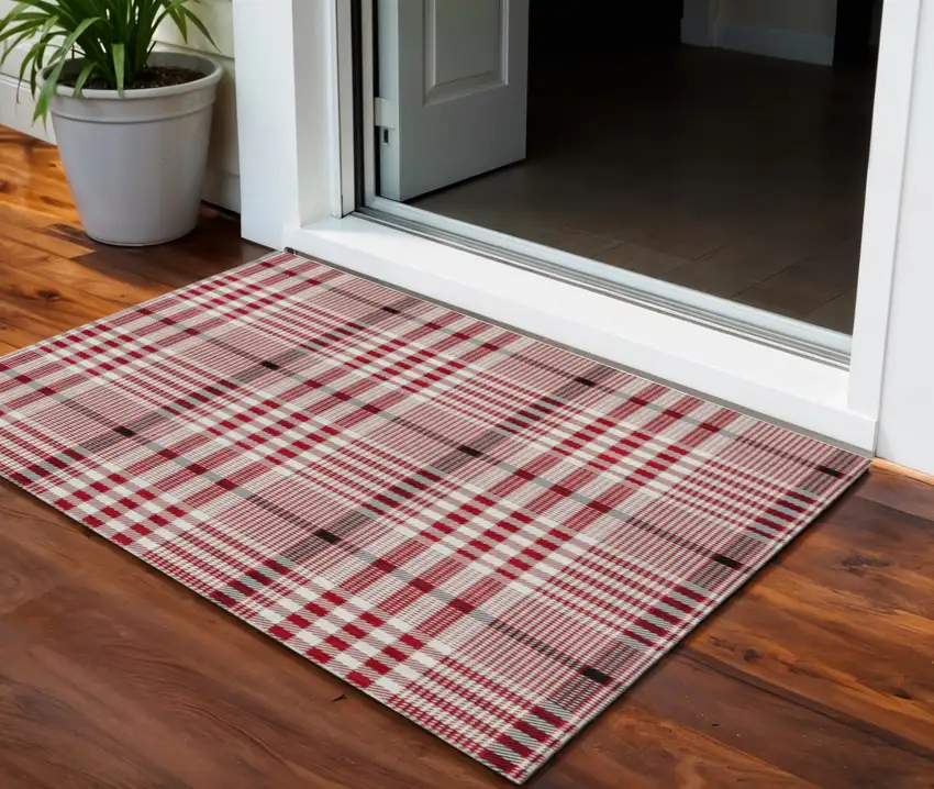 Red Black And Ivory Plaid Washable Indoor Outdoor Area Rug Photo 1