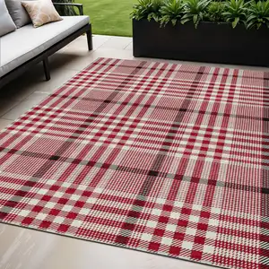 Photo of Red Black And Ivory Plaid Washable Indoor Outdoor Area Rug